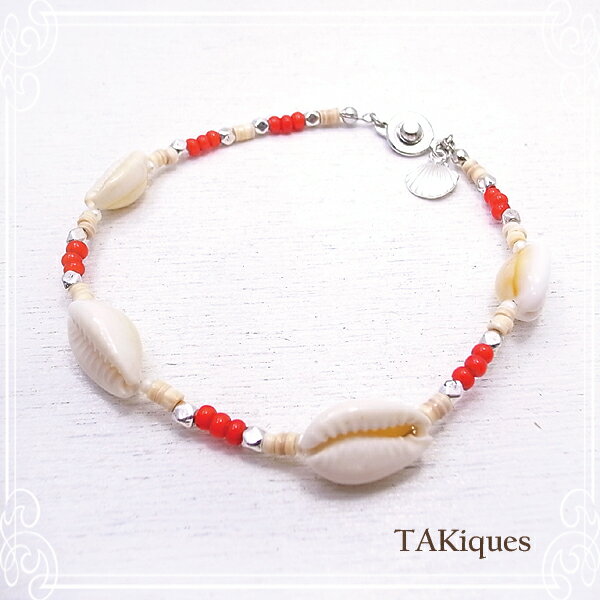 【TAKiques】アンティークガラスビーズ&シェルアンクレット アンティークビーズ/ガラス/天然石/アンクレット/ビンテージ de-74-tq-044
