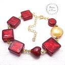 Bracelet Ruby ルビー色のスクエア&ハート ヴェネチアングラスビーズ ブレスレット ブレス 【Atelier il Cuore [ クオーレ ]】 アクセサリー/ハンドメイド/作家