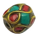 【ネパールビーズ】 ターコイズ/コーラル (合成石) 真鍮ビーズ 《10個セット》 キセキ-リリ kiseki-riri エスニックパーツ