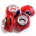 ガラスロンデルビーズ 《4個セット》 赤x青系 外径14mm/穴径5mm 【在庫限り】