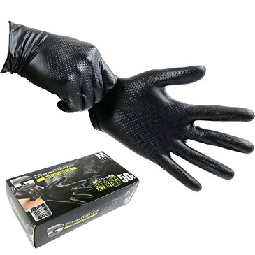 【50枚入り】 強力 グリップ グローブ 【Dino Glove ダイノグローブ】 左右両用 塩化ビニール 手袋 | ブラック 粉なし 自動車 整備 箱単位 油作業 DIY 産業 加工 衛生 使い捨て ディスポ ビニール グローブ 耐洗剤 作業 滑らない グリップ力