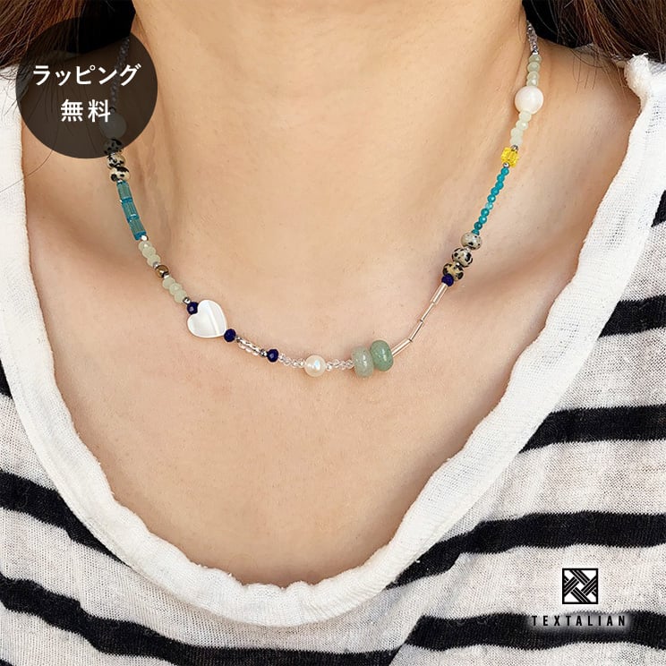【平日3日以内に出荷】Tシャツに合うネックレス 天然石 ネックレス 天然石×ビーズ ミントカラー TEXTALIAN テキスタリアン ブランド ビーズ かわいい カジュアル デザイン