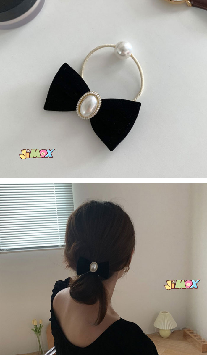 【即納】★Last1点、2,580円以上ご注文頂き、0円GET！★「在庫処分」ヘアゴム　ゴム　パール　リボン柄　ブラック　ヘアアクセサリー ヘアゴム レディース リボン 結ぶ 大きめ パステル 大人可愛い]ゴム　髪ゴム　小物 ファッション雑貨 ギフト