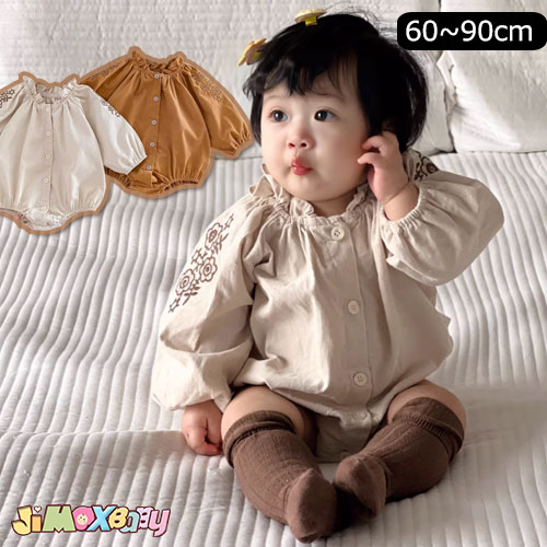 Rakuten - 【即納】70cm/80cm/90cm「メール便送料無料」ベビーロンパース　新生児　衿フレア　刺繍入り　両袖刺繍あり　花柄　長袖　ベビー服　無地　出産祝い　退院　長袖　子供服 　女の子　長袖　ショート　ベビーロンパース　　オールインワン　シンプル