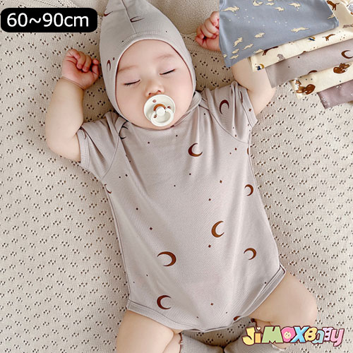 【即納】60cm/70cm/80cm/90cm 新生児 ベビー服　ロンパース　被り式　半袖　柄　総柄　ムーン　月柄　夏　合わせやすい　ロンパース　オーバーサイズ　柔らかい　半袖　夏　男の子の服　韓国子供服　男女兼用　女の子　男の子　ショートロンパース