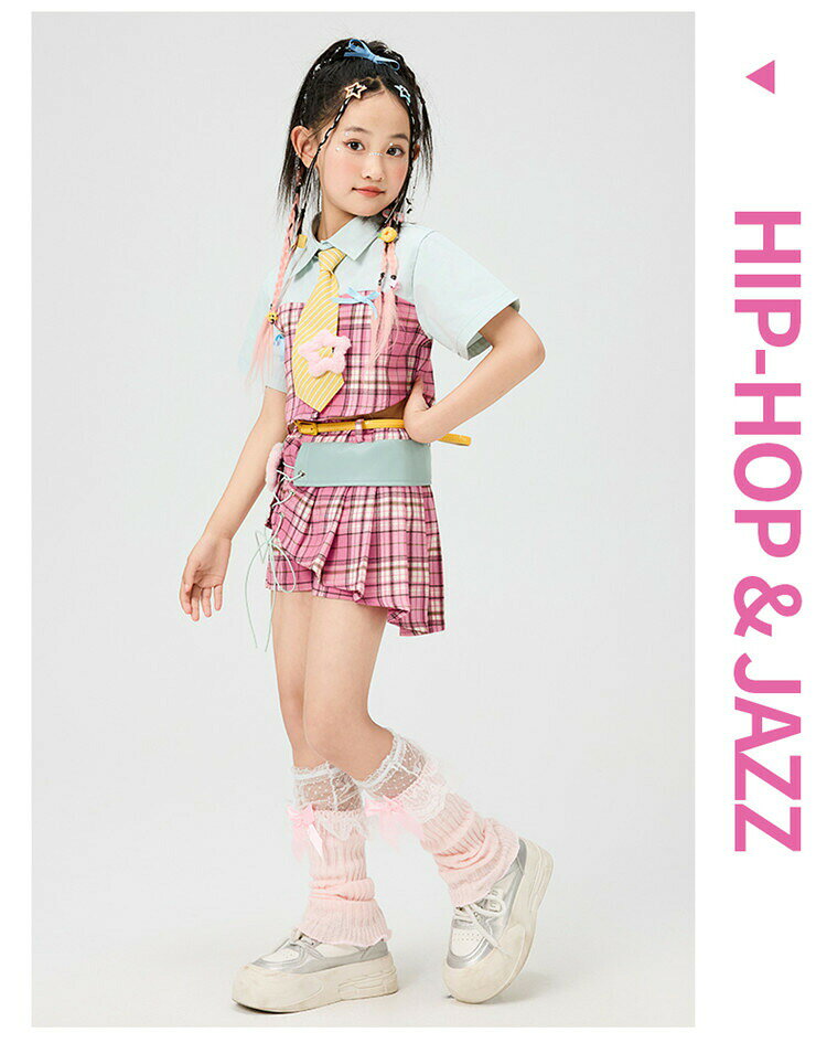 ピンク タータンチェック へそ出し 半袖 シャツ ダンス衣装 女の子 Y2K k-pop アイ...