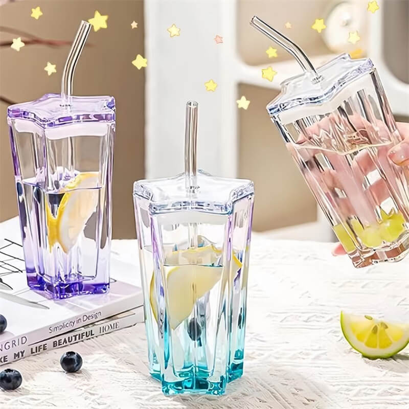 五芒星ガラスカップ ウォータードリンクカップ タンブラー 水筒 300ML ストロー付き 飲料容器 蓋付き ファッションコーヒーマグ 直飲み ホームパーティーバー用 ドリンクウェア