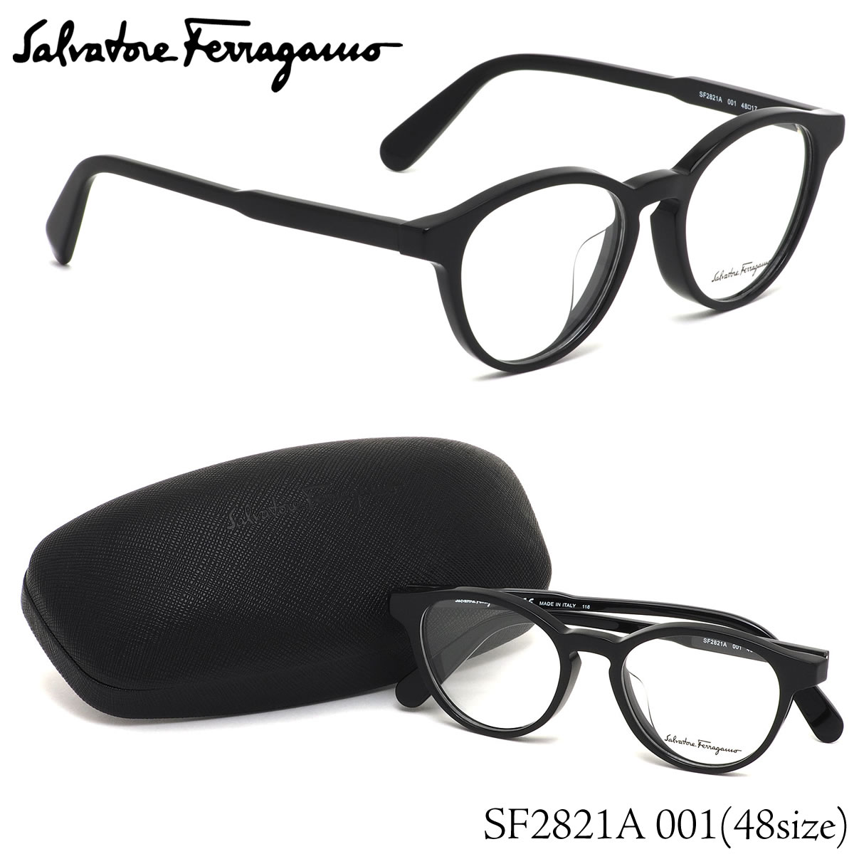 フェラガモ Ferragamo メガネ SF2821A 001 48サイズ ボストン キーホールブリッジ レトロ クラシック Made in Italy ブラック メンズ レディース