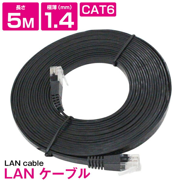 [ 5m ] LANケーブル CAT6 カテゴリー6 フラットケーブル 500cm パソコン インターネット PC TV テレビ ブラック 黒のサムネイル