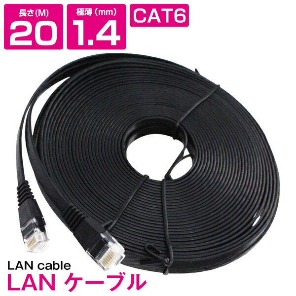 楽天ザ・アペックス 楽天市場店[ 20m ] LANケーブル CAT6 カテゴリー6 フラットケーブル 2000cm パソコン インターネット PC TV テレビ ブラック 黒