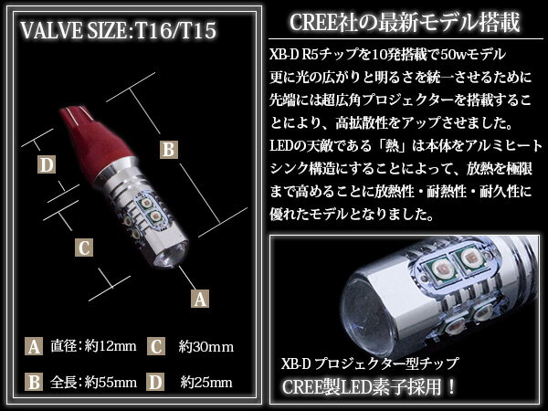 CREE�� �ץ����������� LED T16/T15 50W 12V/24V ��å� �� 2��1���å� �ڥХå����� �Хå��饤�� �饤�� ���� �Х�� LED�Х�� �򴹵� CREE��