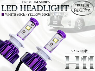 LED ヘッドライト CREE製 H11 8000lm 3000K/6000K 切替え 12V/24V ホワイト イエロー 【クリー 8000ルーメン 3000ケルビン 6000ケルビン 12v 24v 車 バイク フォグランプ ヘッドランプ ランプ ライト】