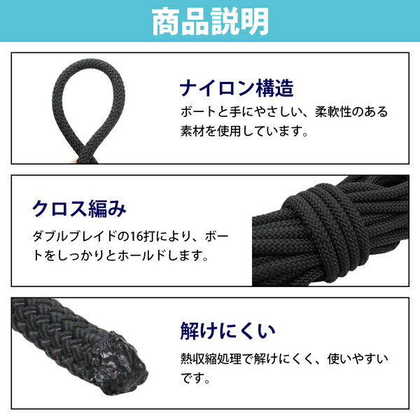 1m ～ 切り売り 16打 12mm 係留ロープ フェンダーロープ ダブルブレイド 黒/ブラック マリンロープ 船 係船 ロープ 12ミリ
