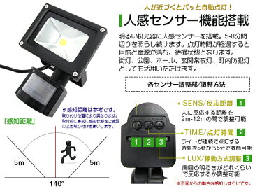 ※お得【10個セット】防犯対策に最適♪ 人感センサー付 LED投光器 30W AC100V 5mコード付属 ホワイト発光 白 6000K 6000ケルビン アルミ ブラック 家庭用コンセント対応 【屋内灯 屋外灯 防犯カメラ LED照明 船舶 作業用 照明 玄関 防犯対策 自動点灯 スポットライト】