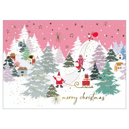 Xmasポストカード クリスマスの風景を描いたイラストがおしゃれなポストカードです。 ■カードサイズ：100×148mm ■裏面郵便番号枠なし ■1枚入り ◇ネコポス便可能数：最大30個クリスマスポストカード　ピンクサンタ
