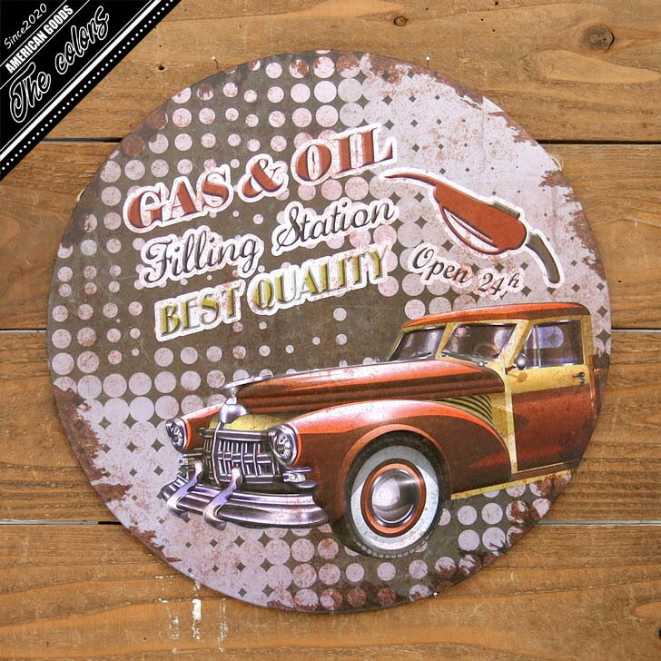 アメリカン雑貨　サインプレート　ブリキ看板　丸　クラシックカー USA ガレージ　インテリア　アメリ..