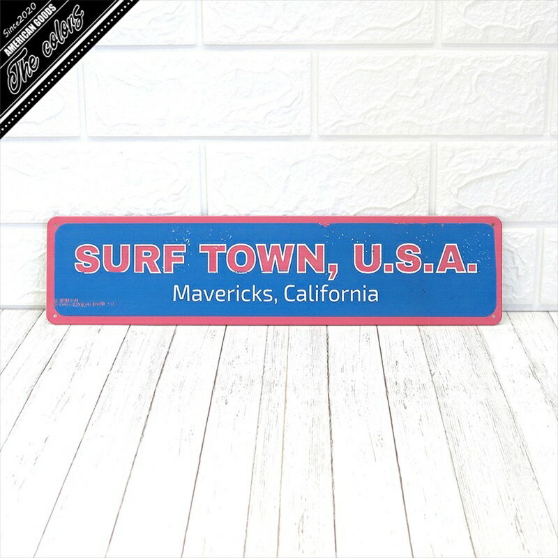 アメリカン雑貨　標識プレート　サインプレート　ブリキ看板　SURF TOWN USA サーフ BEACH　ビーチ ガレージ　インテリア　アメリカンヴィンテージ　カリフォルニア LA