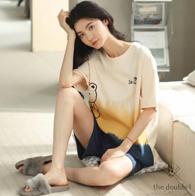部屋着 レディース パジャマ ルームウェア セットアップ Tシャツ 半袖 丸首 ショートパンツ 綿 クマ カジュアル 可愛い 学生 女子 夏