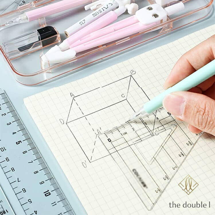 文房具 定規 コンパス 9点セット ケース付き 直定規 三角定規 分度器 消しゴム コンパス シンプル 算数 見やすい 小学校 中学生 入学 準備 オフィス 学校 文具セット 子供 こども 女子 男子 ギフト 平行 直角 持ち運び 幾何学 製図 算数セット the-double-l-10002843 the double l楽天市場店 サンプル画像3