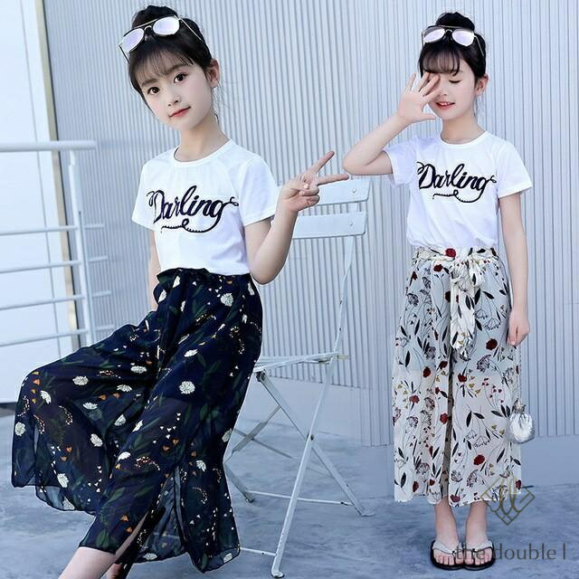 Rakuten - 子供 セットアップ ガウチョパンツ ブラウス 上下セット フレア ノースリーブ ワイドパンツ 半袖 ス キッズ 子供服 女の子 夏 春 海 旅行