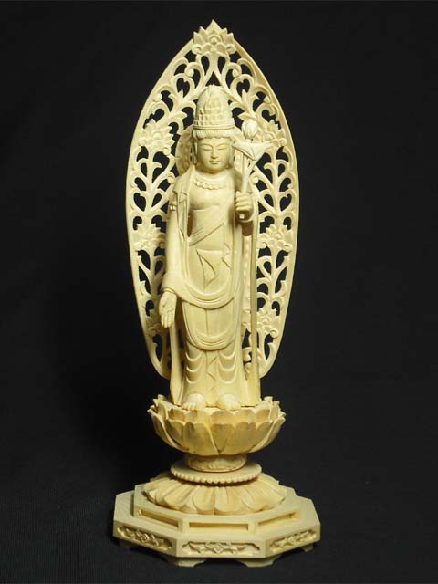 【送料無料】天然桧木彫り 聖観音菩薩像 立像＜仏像・風水開運置物・幸運置物＞桧木(ひのき）製彫刻 聖 ...