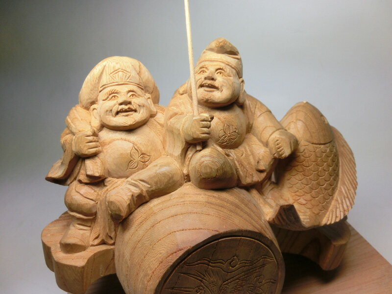 【現品限り＆送料無料♪】天然欅木彫り 笑福 恵比寿 大黒天像 小槌乗り（ケヤキ製 台座付）＜仏像・開運置物・幸運置物＞欅(けやき）製彫刻 七福神の置物 恵比須像 EBISU 大黒様の置物 恵比寿様の置物