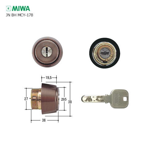 MIWA JN DZ.CY 扉厚33-41mm CB ブロンズ色 キー3本付 BHタイプ DN仕様 JNシリンダー【美和ロック ミワ メンテナンス部品】