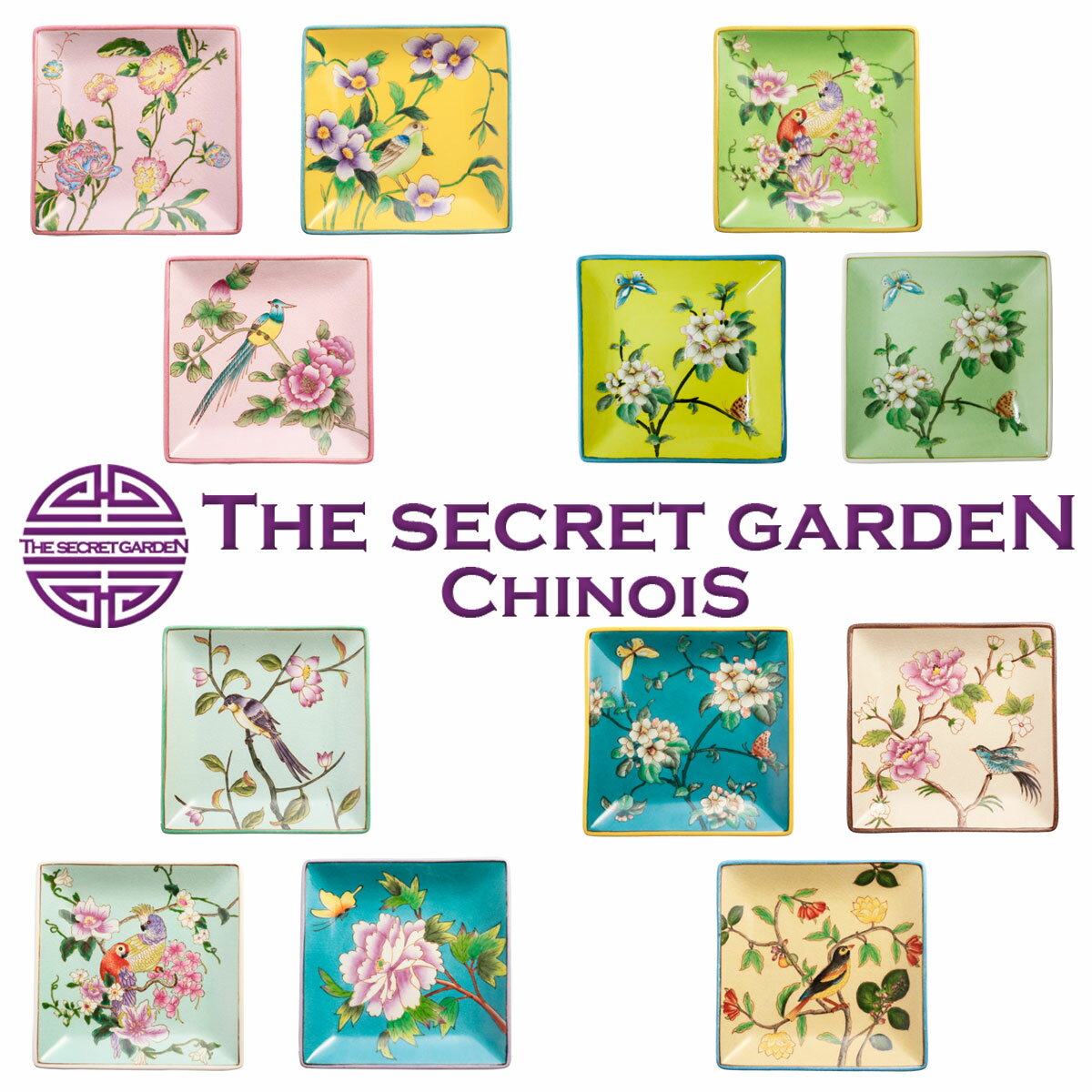 THE-SECRET-GARDEN シノワズリ 手描 手塗 オールハンドペイント 花鳥柄 飾り皿 スクエア皿【陶器 食器 茶器 中国古典柄 アンティーク ブルーアンドホワイト Blue & White 北欧 カラフル角 ケーキ プレート 中華 おしゃれ】 ザ・シークレットガーデン