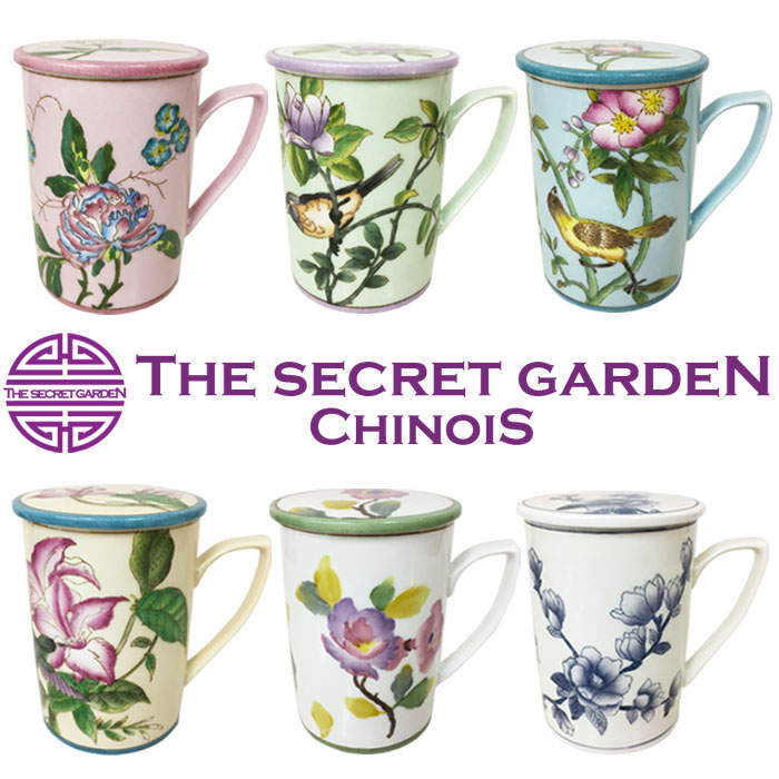 楽天THE SECRET GARDEN　CHINOISTHE-SECRET-GARDEN シノワズリ 手描 手塗 オールハンドペイント 蓋付き マグカップ 花鳥柄【陶器 食器 コップ ティーカップ コーヒー 茶器 中国古典 アンティーク グラムおしゃれ ブルーアンドホワイト Blue & White カラフル 北欧 花 保温 大きい】ザ・シークレットガーデン