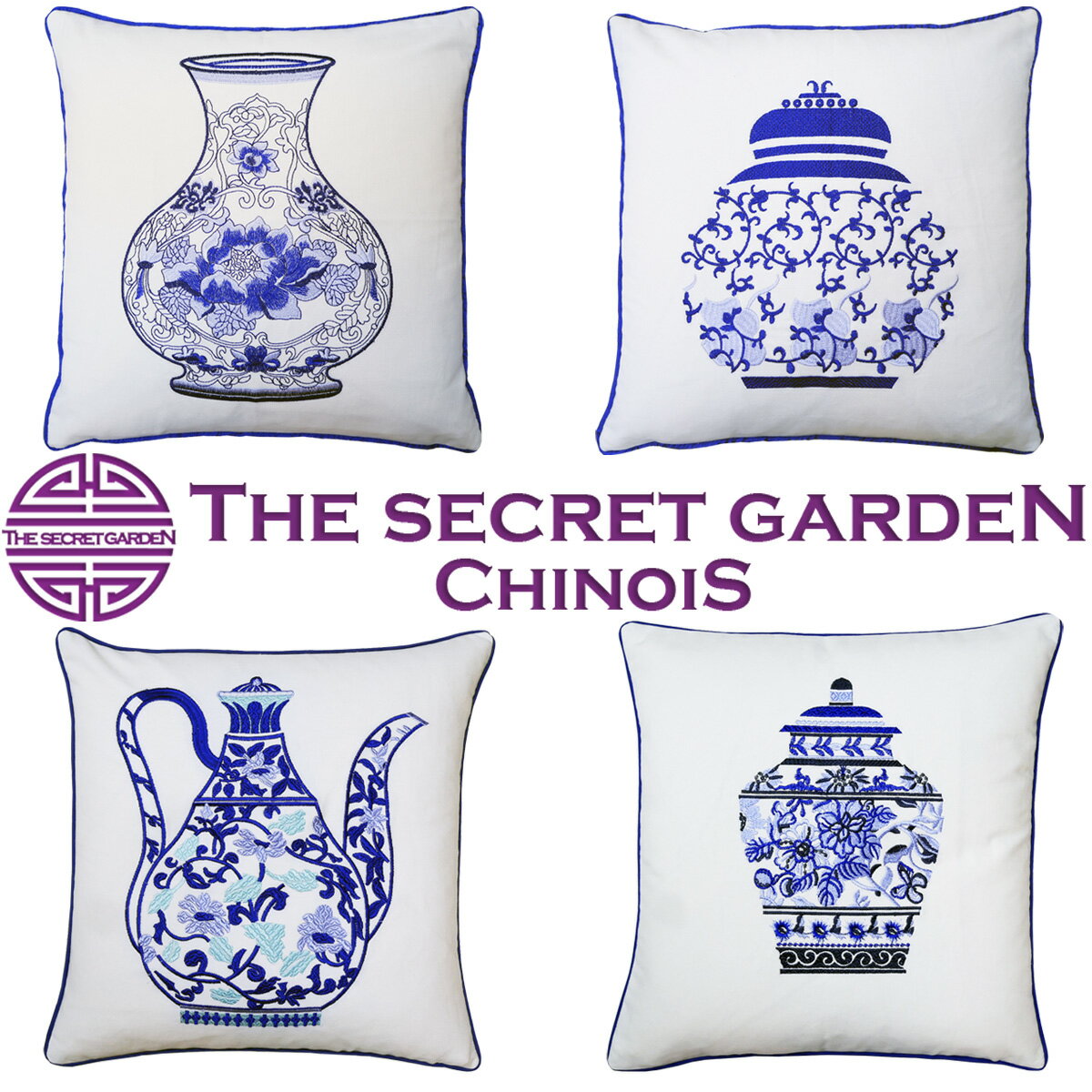 【メール便可】THE-SECRET-GARDEN Blue &White 刺繍 シノワズリ クッションカバー 45×45cm【ジンジャー 壺 43 中国 ブルーアンドホワイト シャビー モロッカン 北欧 冬 おしゃれ モロッコ オリエンタル モダン ダマスク アラベスク ゴージャス】 ザ・シークレットガーデン