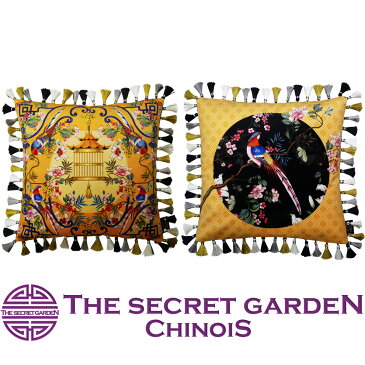 【楽天スーパーSALE】【メール便送料無料】THE-SECRET-GARDEN シノワズリ タッセル クッションカバー 花鳥柄 ベロア【フリンジ スウェード フリル オリエンタル モダン Blue &White ダマスク 45×45cm 豪華 高級 中国 北欧 冬 おしゃれ ゴージャス】シークレットガーデン