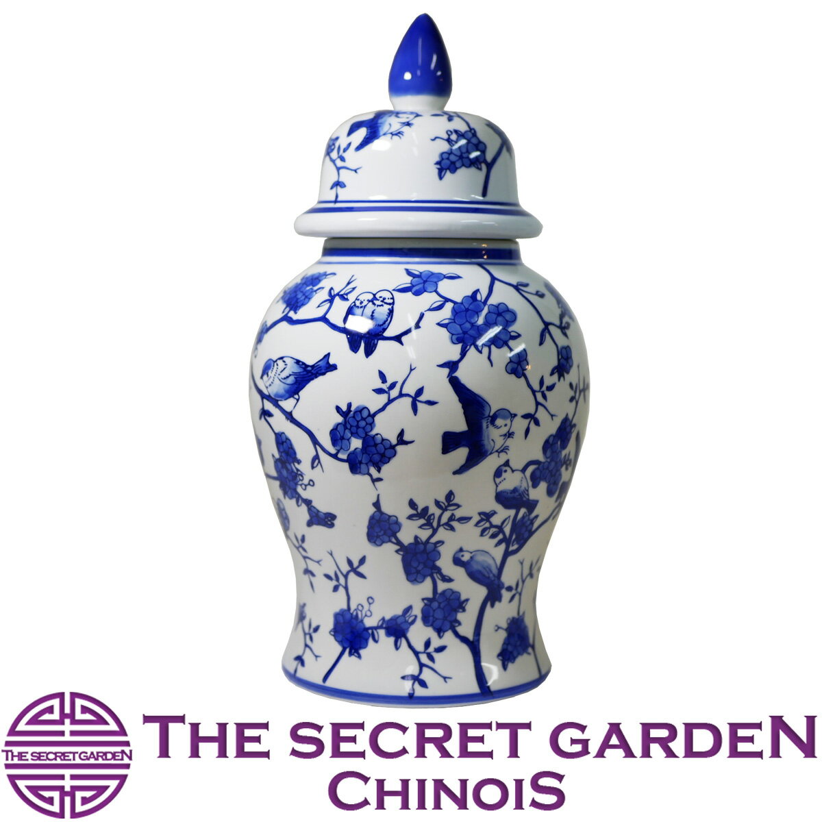 THE-SECRET-GARDEN Blue & White 青白陶器蓋付壷 飾り壺 シノワズリ【ジンジャーポット 保存容器 アンティーク風 雑貨 ブルーセラミック 景徳鎮 青磁 花鳥柄 青梅花 ブルーアンドホワイト 青色 置物 オリエンタル】ザ・シークレットガーデン シノワ