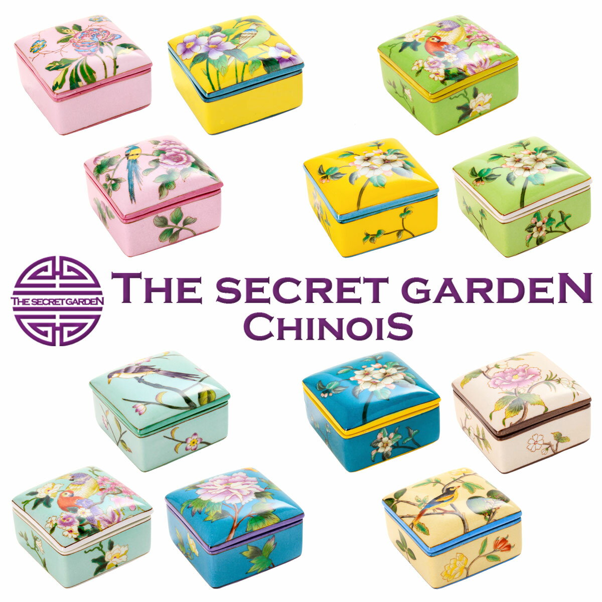 THE-SECRET-GARDEN シノワズリ 手描 手塗 オールハンドペイント 花鳥柄 小物入れ 蓋付き パウダーボックス 陶箱【サニタリー ジュエリーボックス アクセサリー 宝石箱 可愛い 洗面 陶器 中国古典 アンティーク おしゃれ Blue&White 北欧 カラフル】ザ・シークレットガーデン