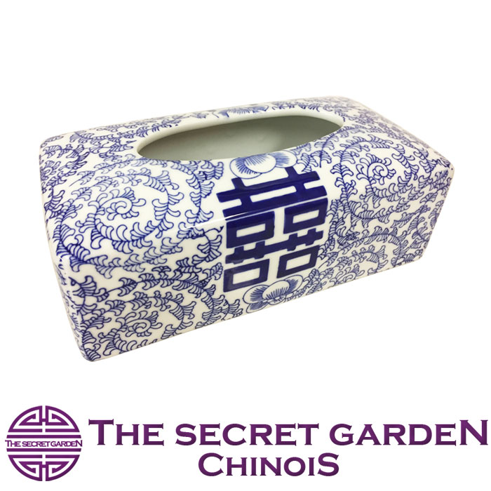 THE-SECRET-GARDEN シノワズリ ティッシュボックス Blue & White 囍 双喜紋 ダブルハピネス 青白陶器【景徳鎮 中国古典柄 アンティーク風 雑貨 ブルーセラミック ティッシュカバー 青梅花 ブルーアンドホワイト 置物 オリエンタル】 ザ・シークレットガーデン シノワ