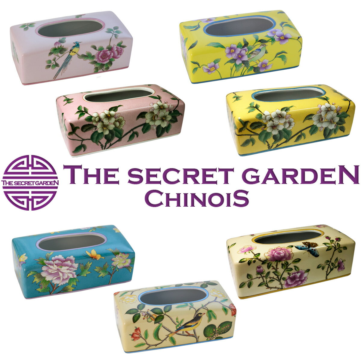 THE-SECRET-GARDEN シノワズリ 手描 手塗 オールハンドペイント 花鳥柄 ティッシュケース【陶器 食器 茶器 中国古典 Blue & White アンティーク ボックス おしゃれ かわいい おしゃれ 北欧 ソープディッシュ サニタリー バスルーム 洗面 カラフル】ザ・シークレットガーデン