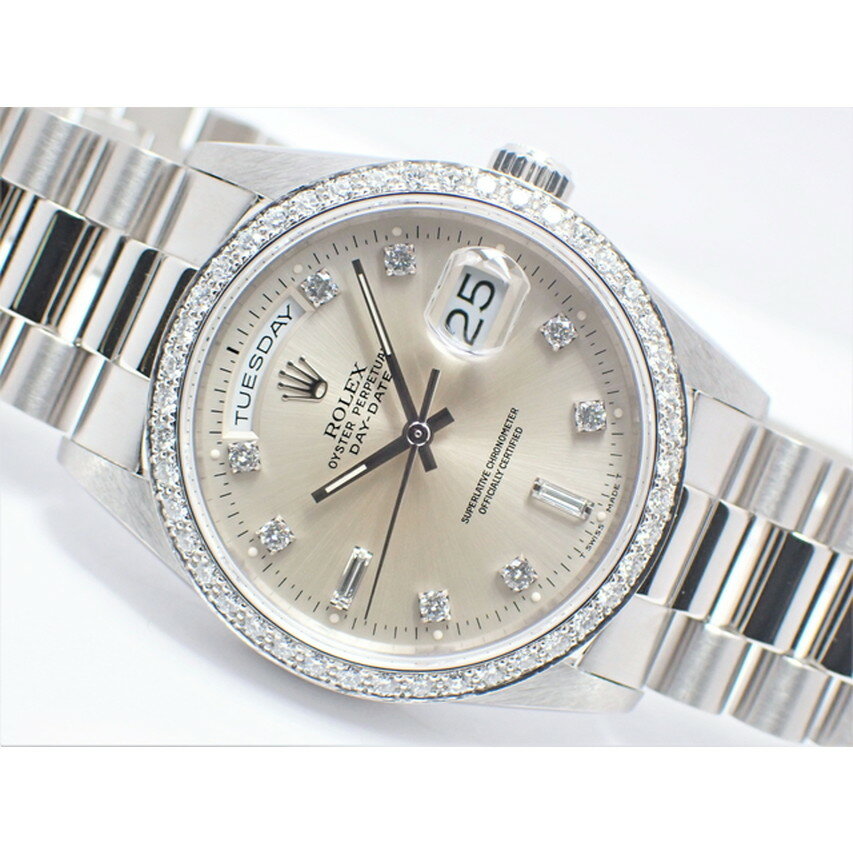 【中古】ロレックス(ROLEX)　デイデイト ベゼルダイヤ シルバー8P+2バゲットダイヤ プラチナ　18346A