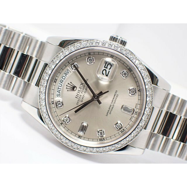 【中古】ロレックス（ROLEX） デイデイト　ベゼルダイヤ　 プラチナ　8Pダイヤ 2Pバゲットダイヤ　 118346A