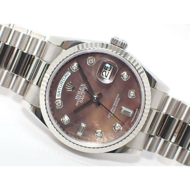 【中古】ロレックス（ROLEX） デイデイト　8Pダイヤ2バゲットダイヤ　ブラックシェル文字盤　18KWG