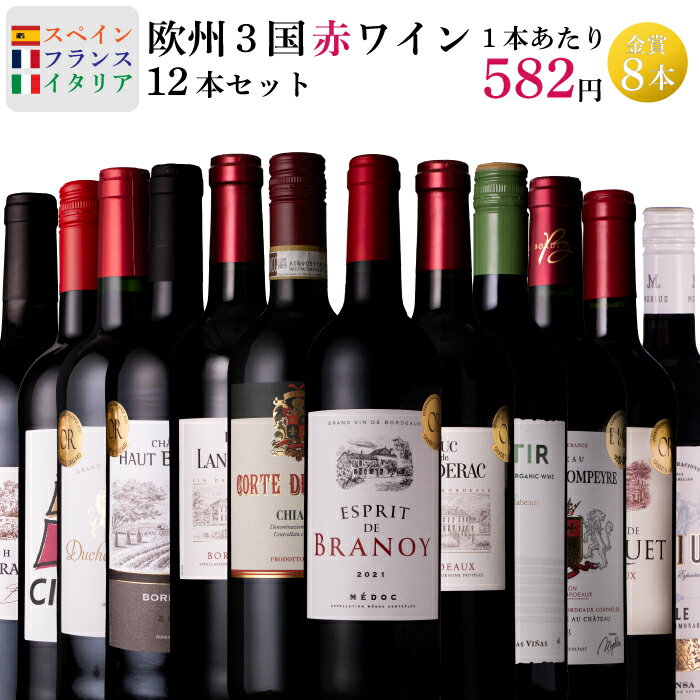 《送料無料》 飲み比べ赤ワイン12本セット フランス スペイン イタリア 欧州3国セ...