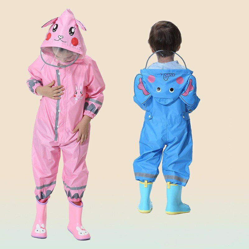 キッズレインコート つなぎ オールインワン 子供用 雨具 透明バイザー 反射テープ付き 袖口ゴム アニマルデザイン フード付き レインウェア ロンパース カバーオール 男の子 女の子 幼児 園児 ベビー 保育園 幼稚園 通園 小学校 通学 自転車送迎 お砂場着 プレイウェア 泥遊