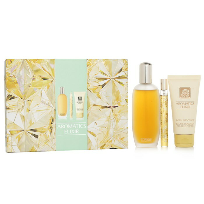 Aromatics Elixir Perfume Coffret: 1x Aromatics Elixir Eau De Perfume Spray 100ml/3.4oz 1x Aromatics Elixir Body Smoother 75ml/2.5oz 1x Aromatics Elixir Eau De Perfume Spray (Miniature) 10ml/0.34oz 内容量3pcs 広告文責The Fresh Group Limited 03-6674-7335 メーカー（製造）・輸入者名Clinique クリニーク ・個人輸入 区分Made in USA アメリカ製・化粧品 ※製造国は仕入れ状況によって変更となる場合がございます。 ご案内・当店でご購入された商品は、「個人輸入」としての取り扱いになります。 ・個人輸入される商品は、すべてご注文者自身の「個人使用・個人消費」が前提となりますので、ご注文された商品を第三者へ　譲渡・転売することは法律で禁止されております。 ・関税・消費税が課税される場合があります。詳細はこちら。