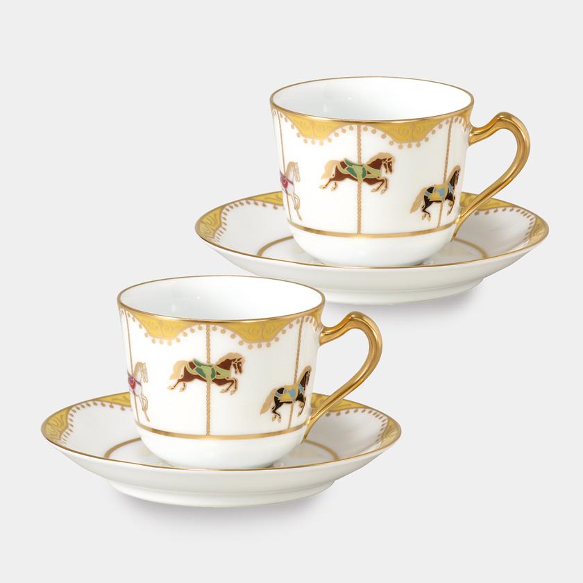 乐天商城 - 【磁器】大倉陶園 「うまくゆく 回転木馬」コーヒーカップ＆ソーサーペアセット