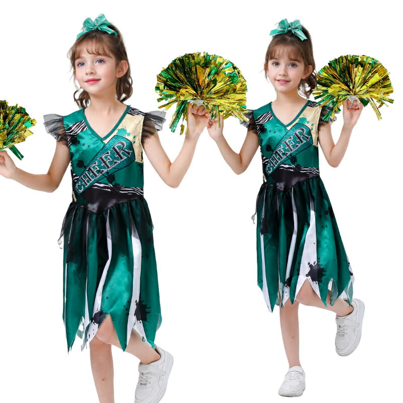 ハロウィン コスチューム 子供 ゾンビ チアリーダー キッズ ワンピース グリーン 袖なし 女の子 チアガ..