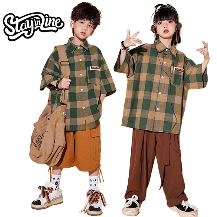 乐天商城 - チェック柄 シャツ ワイドパンツ 茶色 キッズダンス衣装 ヒップホップ セットアップ 子供服 男の子 女の子 シャツ 半袖 カーゴパンツ ショート丈 派手 ダンス衣装 キッズ K-POP 練習着 ダンス発表会 かっこいい 子供ダンス 男女兼用 ストリート系