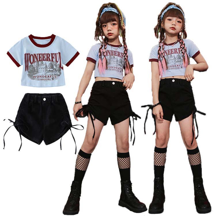 ガールズ tシャツ 青 捺染 田園風景 プリント キッズダンス衣装 セットアップ ヒップホップ 子供服 男の子 女の子 tシャツ ブルー ショート丈 へそ出し 袂 ワインレッド ショートパンツ 黒 レ…