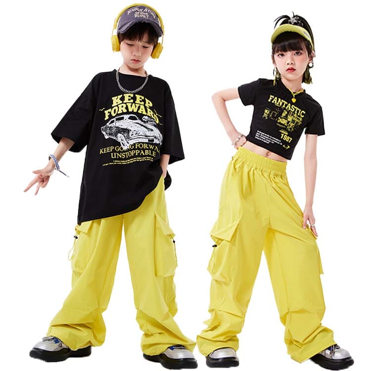 イエロー プリント カーゴパンツ キッズダンス衣装 セットアップ ヒップホップ 捺染 子供服 男の子 女の子 tシャツ 黒 半袖 プリント 車 ゆったり ショート丈 パンツ ロング丈 段袋 シンプル系 ロック風 ストリートダンス 舞台 演出用 おしゃれ カッコイイ ハイキートーン