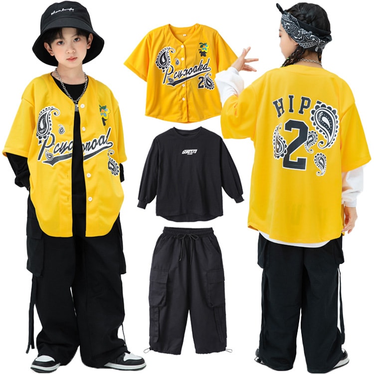 乐天商城 - ベースボールシャツ 黄色 カーゴパンツ 黒 キッズダンス衣装 セットアップ 野球服 子供服 ダンス 練習着 キッズ セットアップ シャツ 半袖 ロングパンツ ズボン ダンス衣装 キッズ K-POP 女の子 男の子 上下セット かっこいい