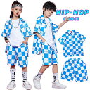 ダンス衣装 キッズ セットアップ チェック柄 ブルー ホワイト 女の子 男の子 ヒップホップ Tシャツ パンツ ヒップホップ 演出服 ジャズ チアガール 子供服 jazz 派手 ストリート 原宿系 ステージ衣装 応援団 練習着 体操服 発表会 hiphop 演出服 ダンスウェア 110-180cm