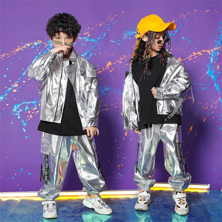 シルバー キッズ ダンス 衣装 セットアップ 子供服 ダンス衣装 ジャケット 長袖 ロ...