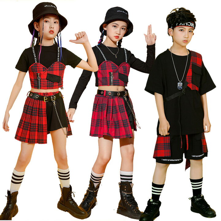 :キッズダンス衣装 セットアップ 女の子 男の子 ヒップホップ 子供服 ダンス 衣装 キッズ パンツ スカート キッズダンス 衣装 チェック 半袖 長袖 韓国 チア 体操服 応援団 舞台服 上下 110-170